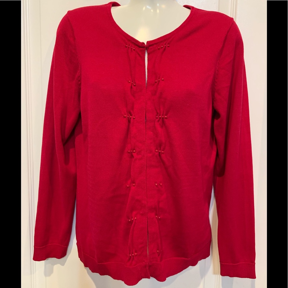 Coldwater Creek Beaded Tucks Red Silk Blend Cardigan Medium 10-12 NWOT